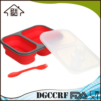 NBRSC Food Grade Silicone Collapsible Lunch Box 2-Compartment with 2 in 1 Spork