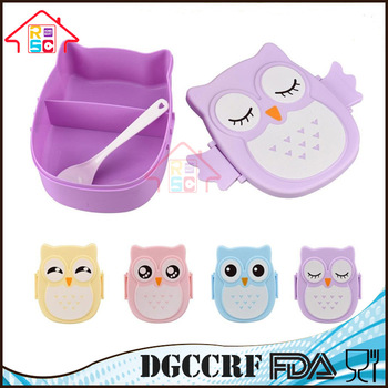 NBRSC Hot Selling Microwave Cartoon Owl Lunch Box Plastic Food Container Leak proof Portable Bento Box with Spoon Purple