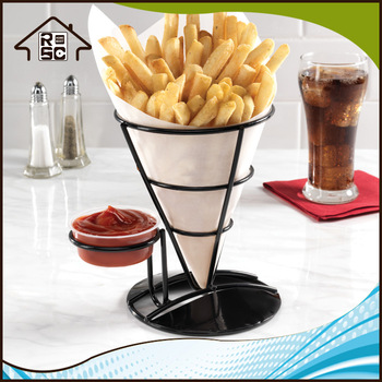 NBRSC Black Metal French Fry Stand with Condiment Bowl Holder