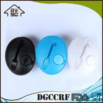 Oval Plastic Lunch Box Set With Fork Sauce Bottle On Lid