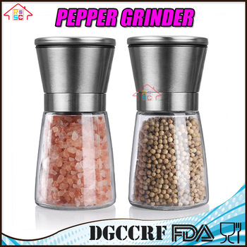 NBRSC Stainless Steel Handheld Salt Shaker and Pepper Mill Grinder Set with Coarseness Ceramic and Glass bottle