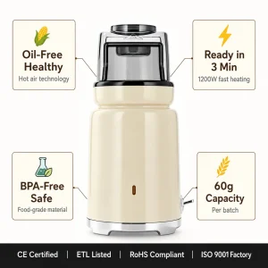 Electric Hot Air Popcorn Machine for Home Use, 1200W