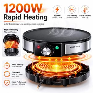 Electric Crepe Maker & Hot Plate with Temperature Control Non-Stick Coating Automatic Function for Thin Pancakes