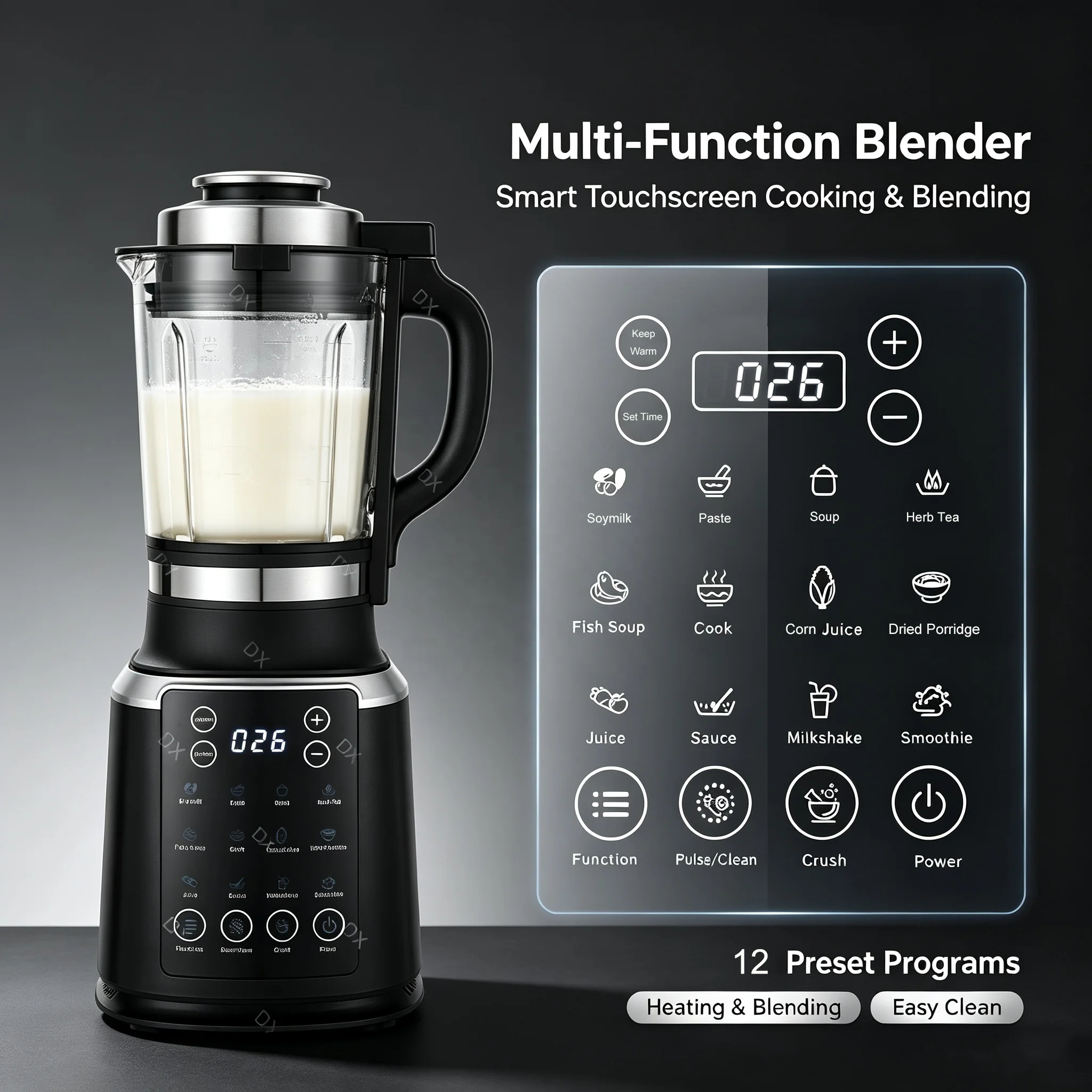 img alibaba 1792635249.jpeg Custom Color Heating Blender 800W High Borosilicate Glass Jar Electric Smoothie Maker 12-In-1 Touchpad Control Household Mixer